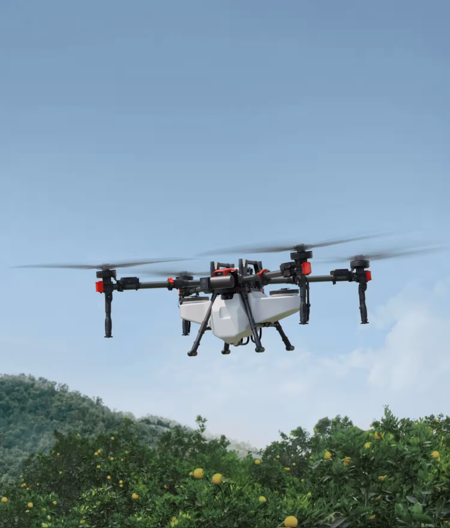 Drone spraying crops over green field