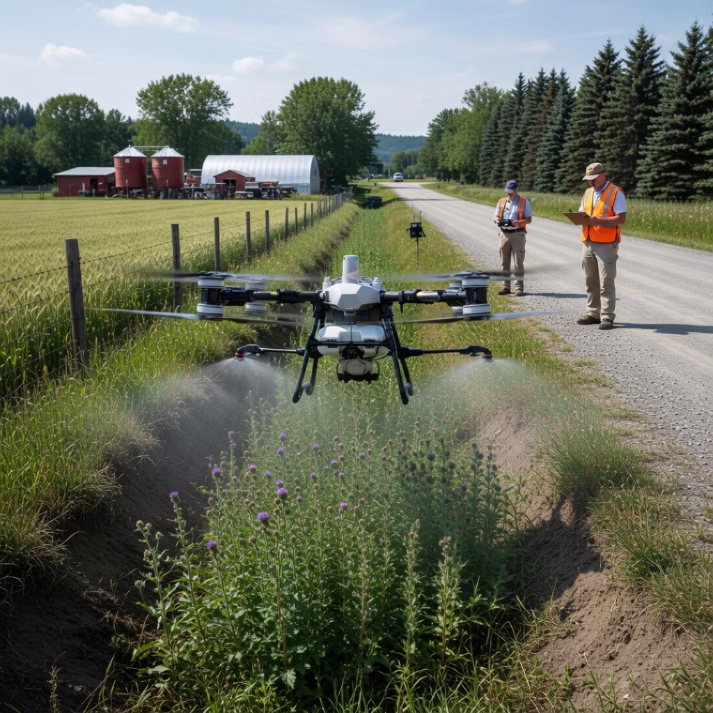 Drone spraying roadside ditches for municipal weed control