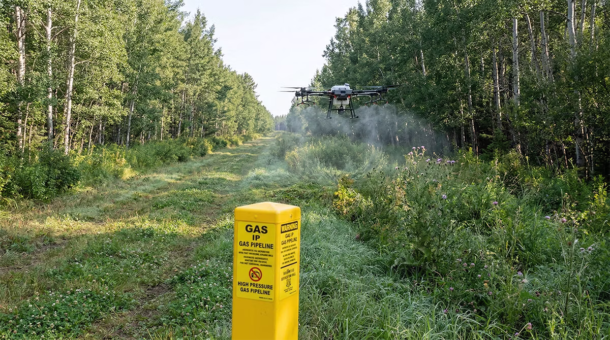 Drone performing vegetation control along a pipeline right-of-way